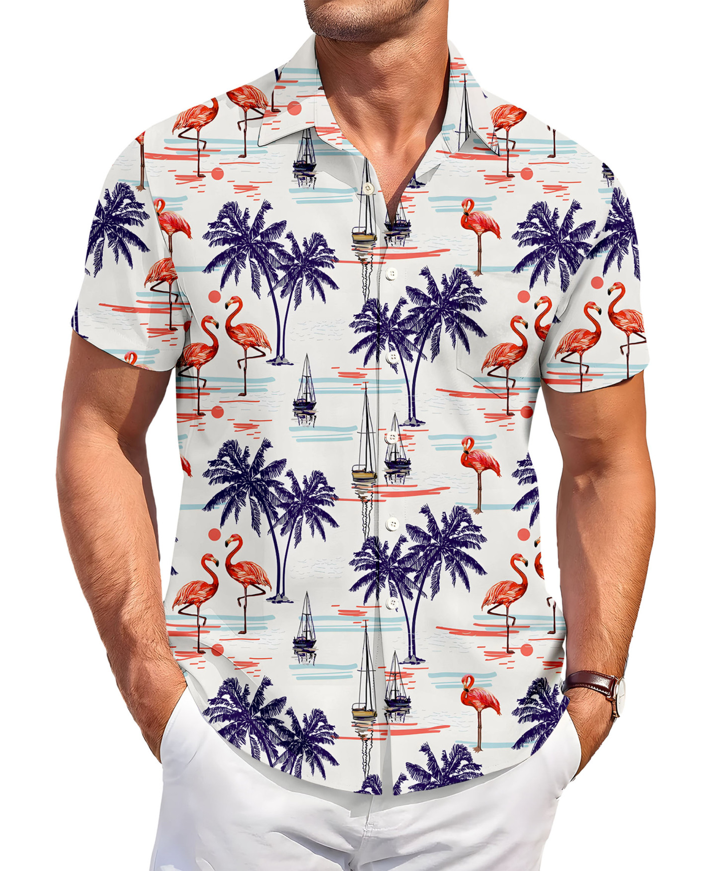 Men's Hawaiian Shirt, Tropical Flamingo Palm Tree Print, Short Sleeve Button Down, White