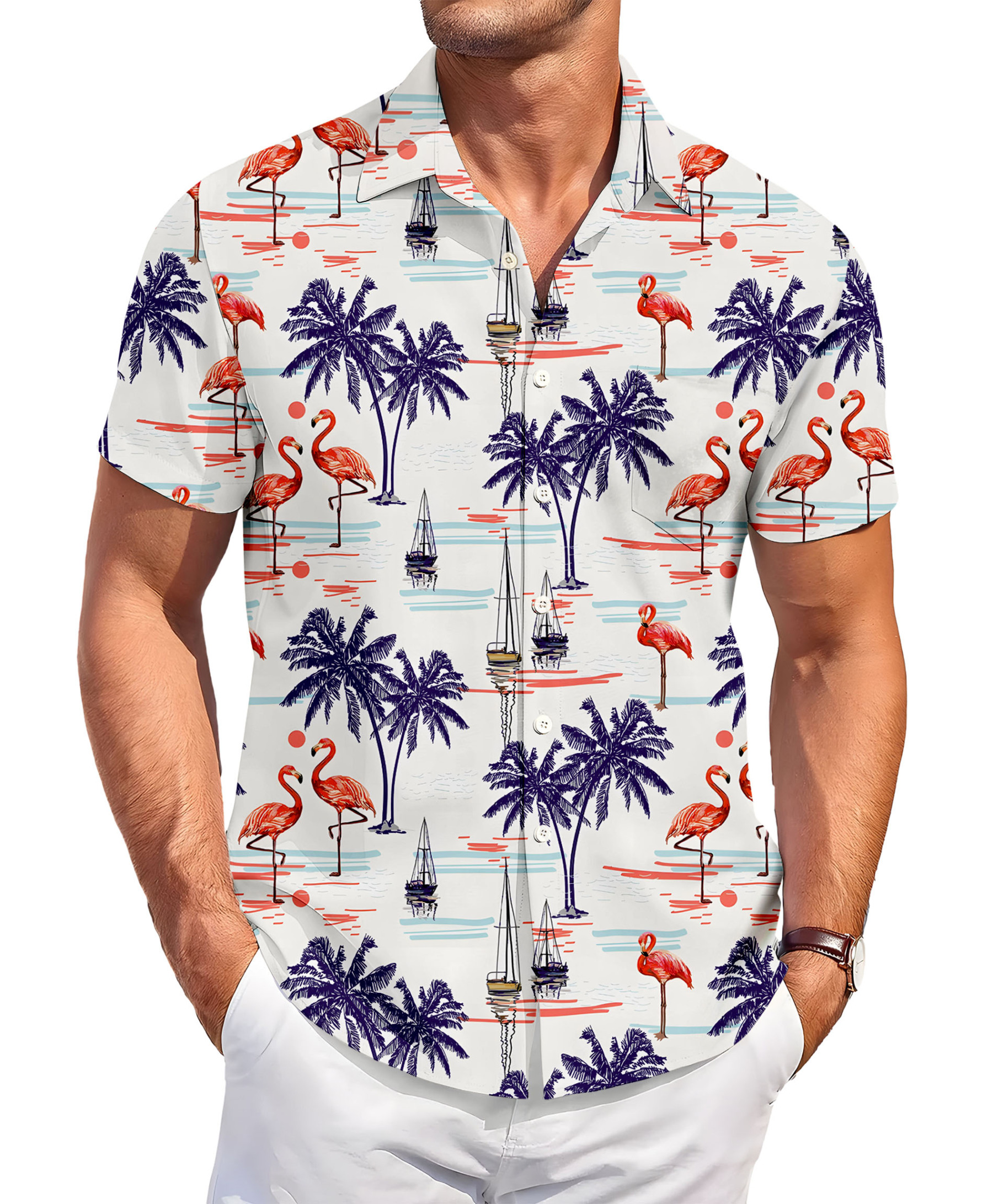 Men's Hawaiian Shirt, Tropical Flamingo Palm Tree Print, Short Sleeve Button Down, White