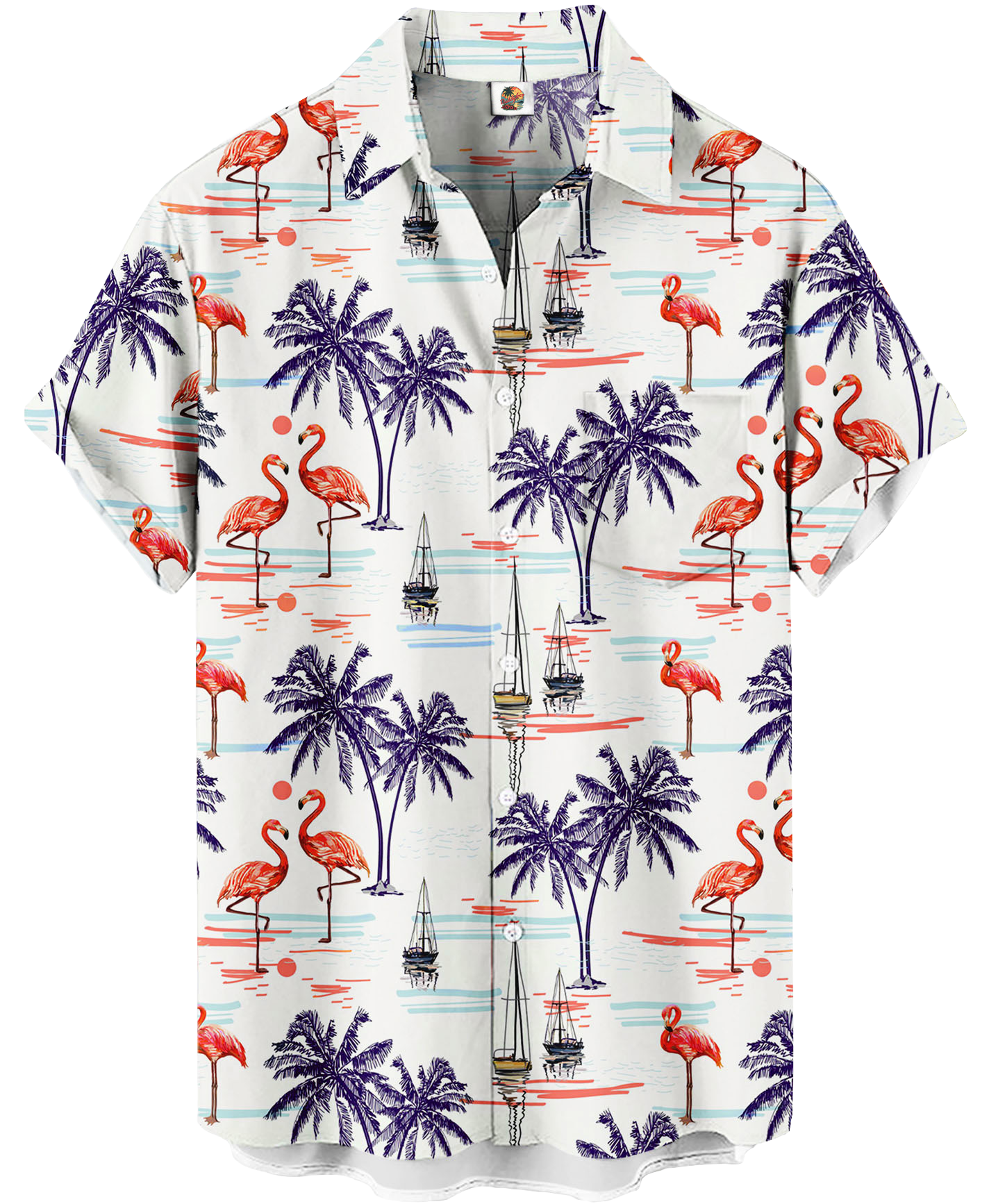 Men's Hawaiian Shirt, Tropical Flamingo Palm Tree Print, Short Sleeve Button Down, White