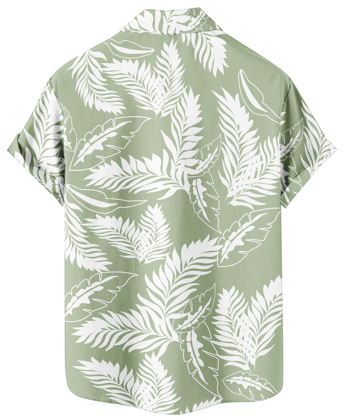 Men's Hawaiian Floral Print Short Sleeve Button Down Shirt, Sage Green and White Palm Leaf Pattern