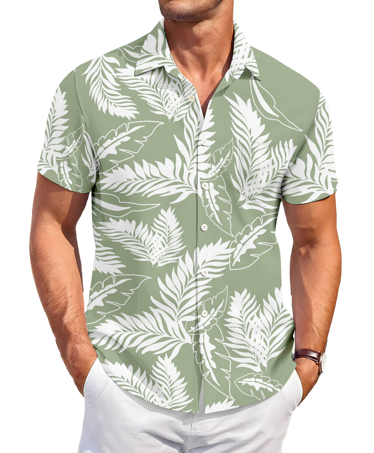 Men's Hawaiian Floral Print Short Sleeve Button Down Shirt, Sage Green and White Palm Leaf Pattern