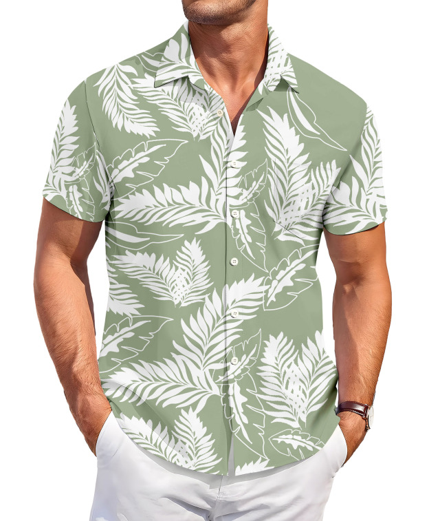 Men's Hawaiian Floral Print Short Sleeve Button Down Shirt, Sage Green and White Palm Leaf Pattern