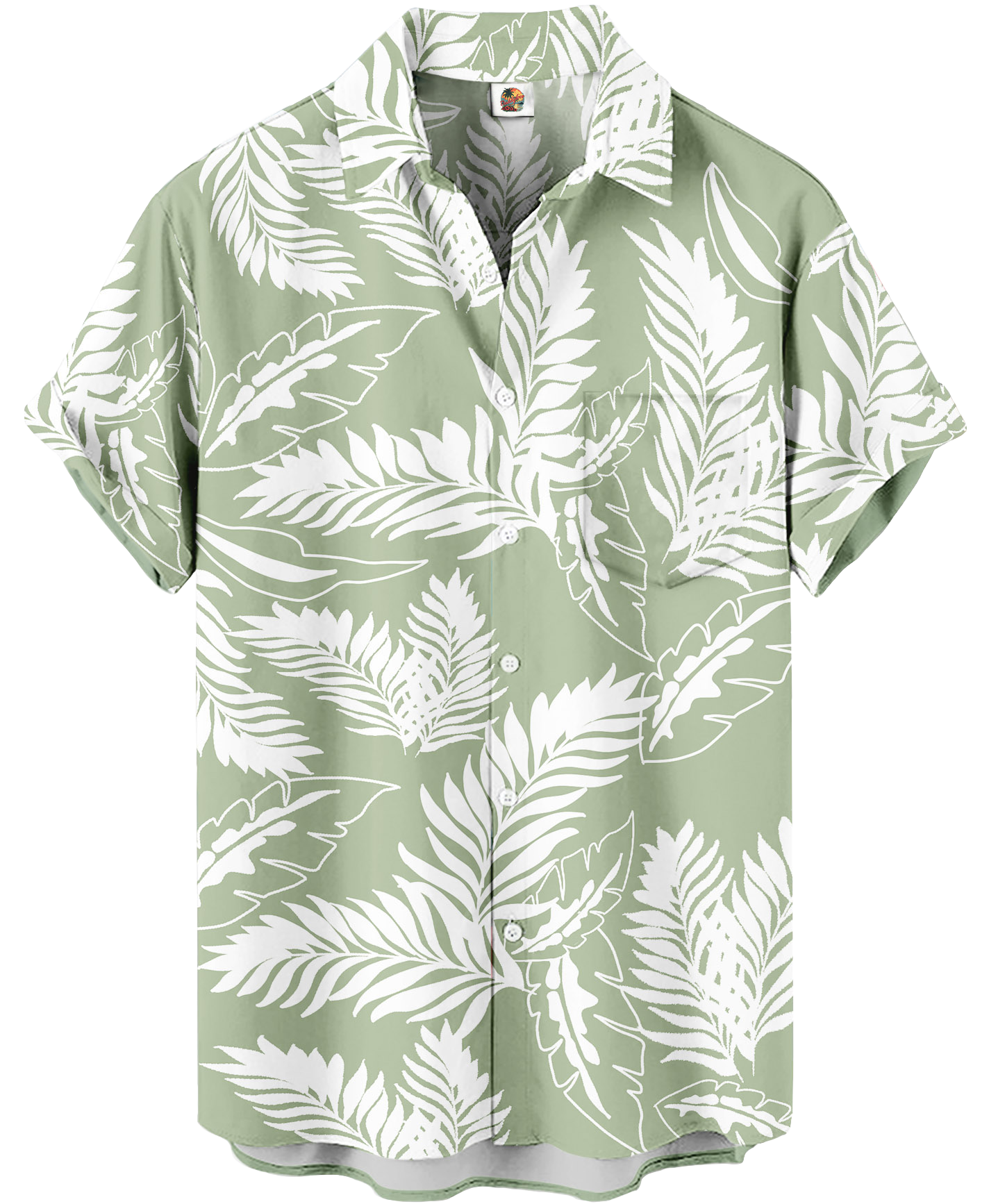 Men's Hawaiian Floral Print Short Sleeve Button Down Shirt, Sage Green and White Palm Leaf Pattern