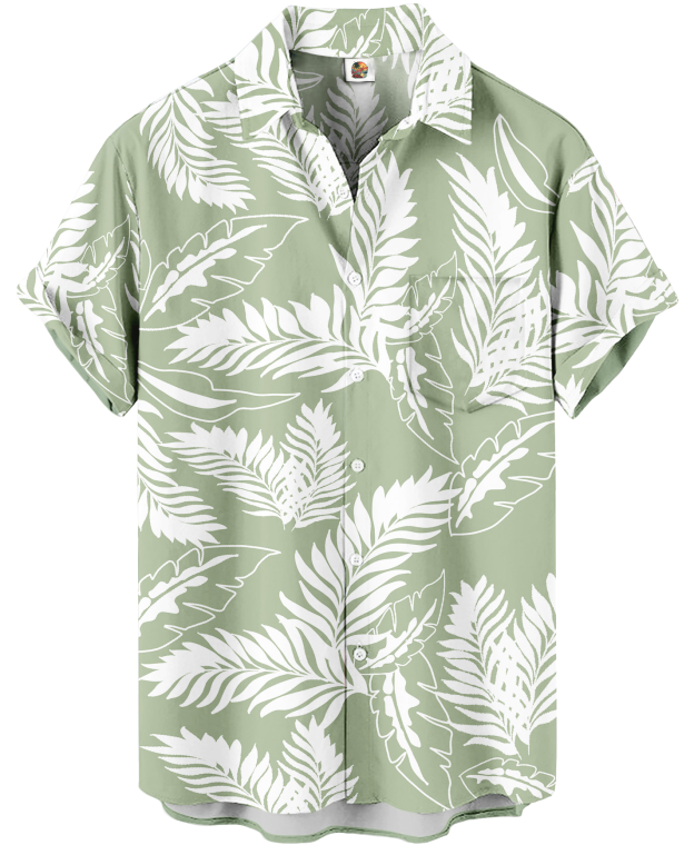 Men's Hawaiian Floral Print Short Sleeve Button Down Shirt, Sage Green and White Palm Leaf Pattern
