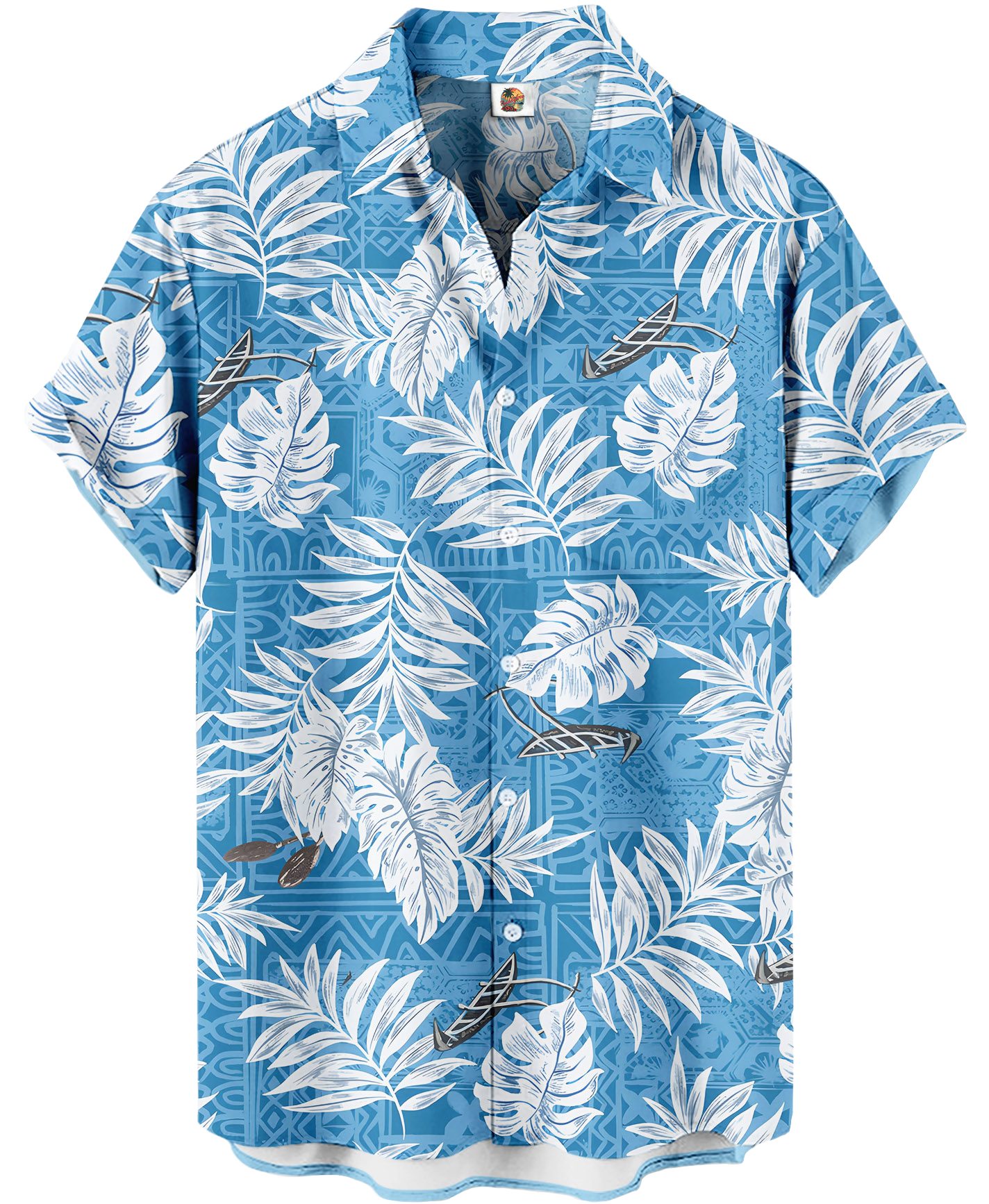 Men's Hawaiian Shirt, Short Sleeve Button Down, Tropical Palm Leaf Print, Blue and White