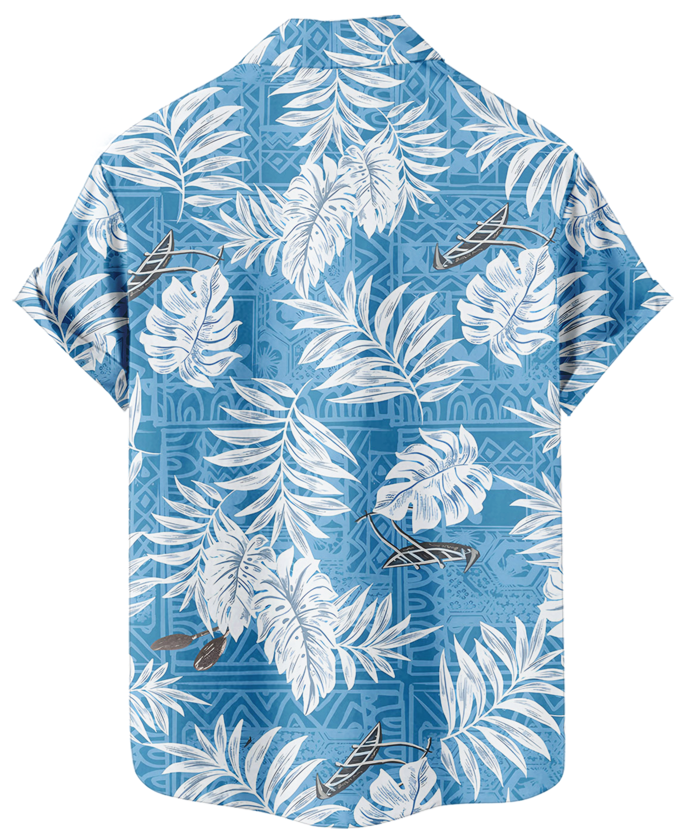 Men's Hawaiian Shirt, Short Sleeve Button Down, Tropical Palm Leaf Print, Blue and White