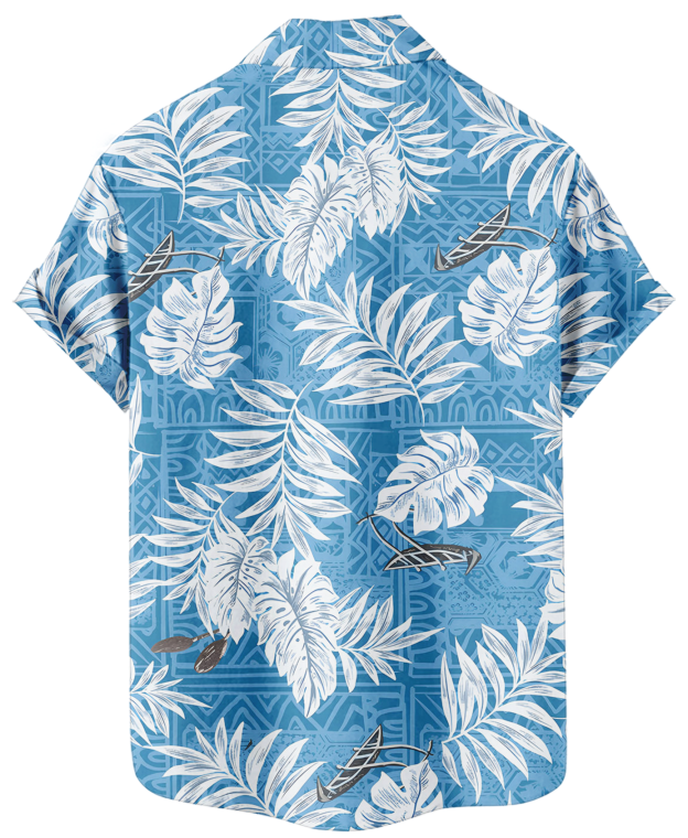 Men's Hawaiian Shirt, Short Sleeve Button Down, Tropical Palm Leaf Print, Blue and White