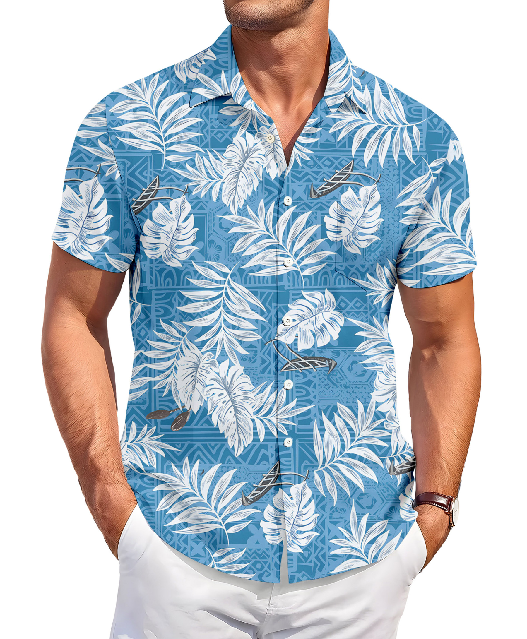 Men's Hawaiian Shirt, Short Sleeve Button Down, Tropical Palm Leaf Print, Blue and White