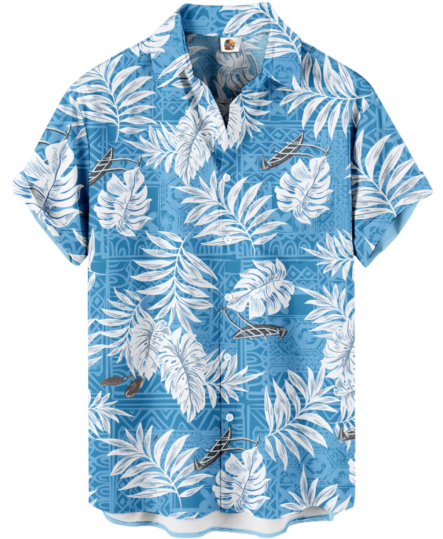 Men's Hawaiian Shirt, Short Sleeve Button Down, Tropical Palm Leaf Print, Blue and White