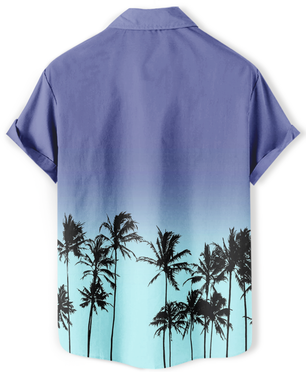 Men's Hawaiian Aloha Shirt, Short Sleeve Button Down, Palm Tree Print, Blue Ombre, Casual Beach Wear