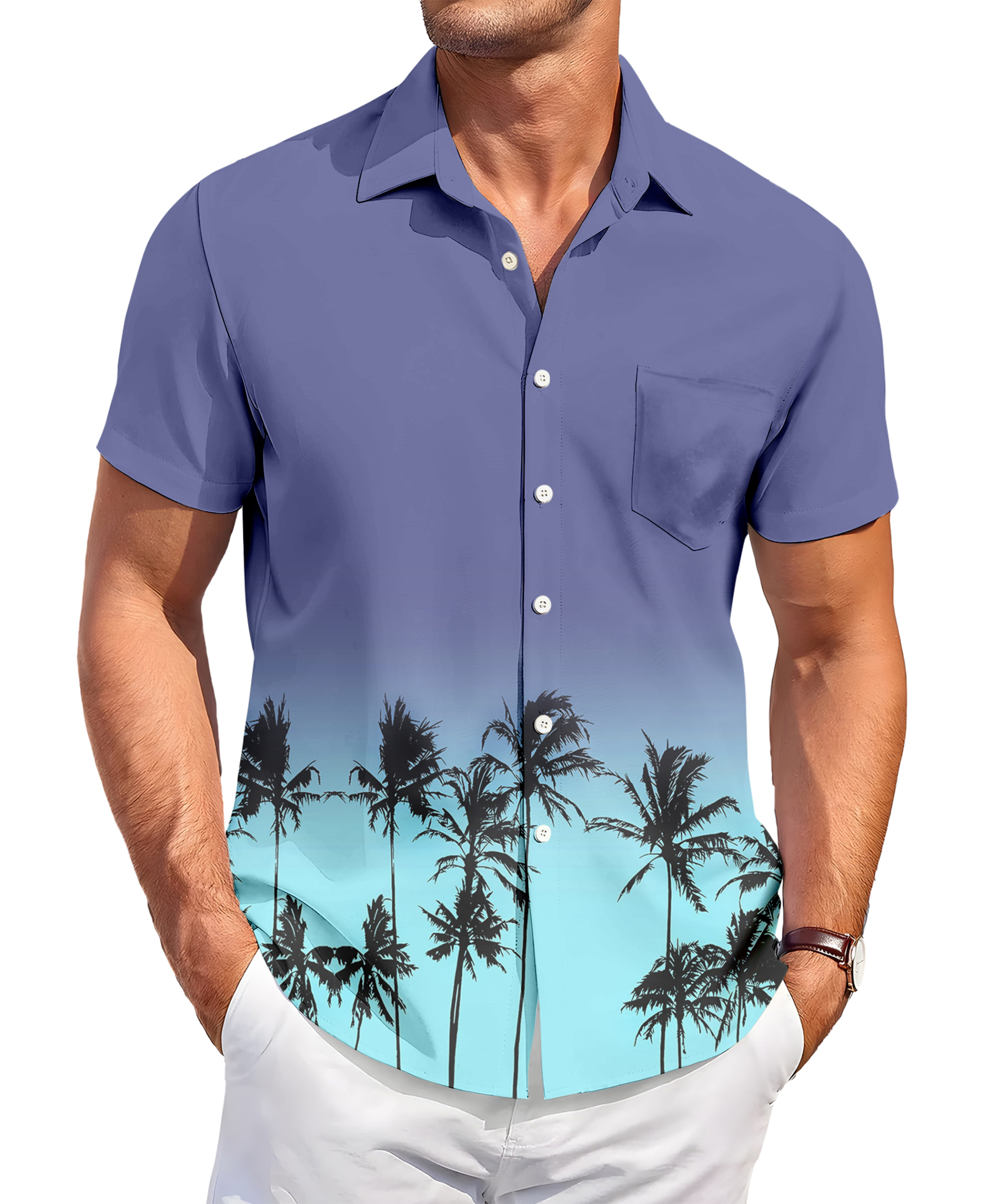 Men's Hawaiian Aloha Shirt, Short Sleeve Button Down, Palm Tree Print, Blue Ombre, Casual Beach Wear
