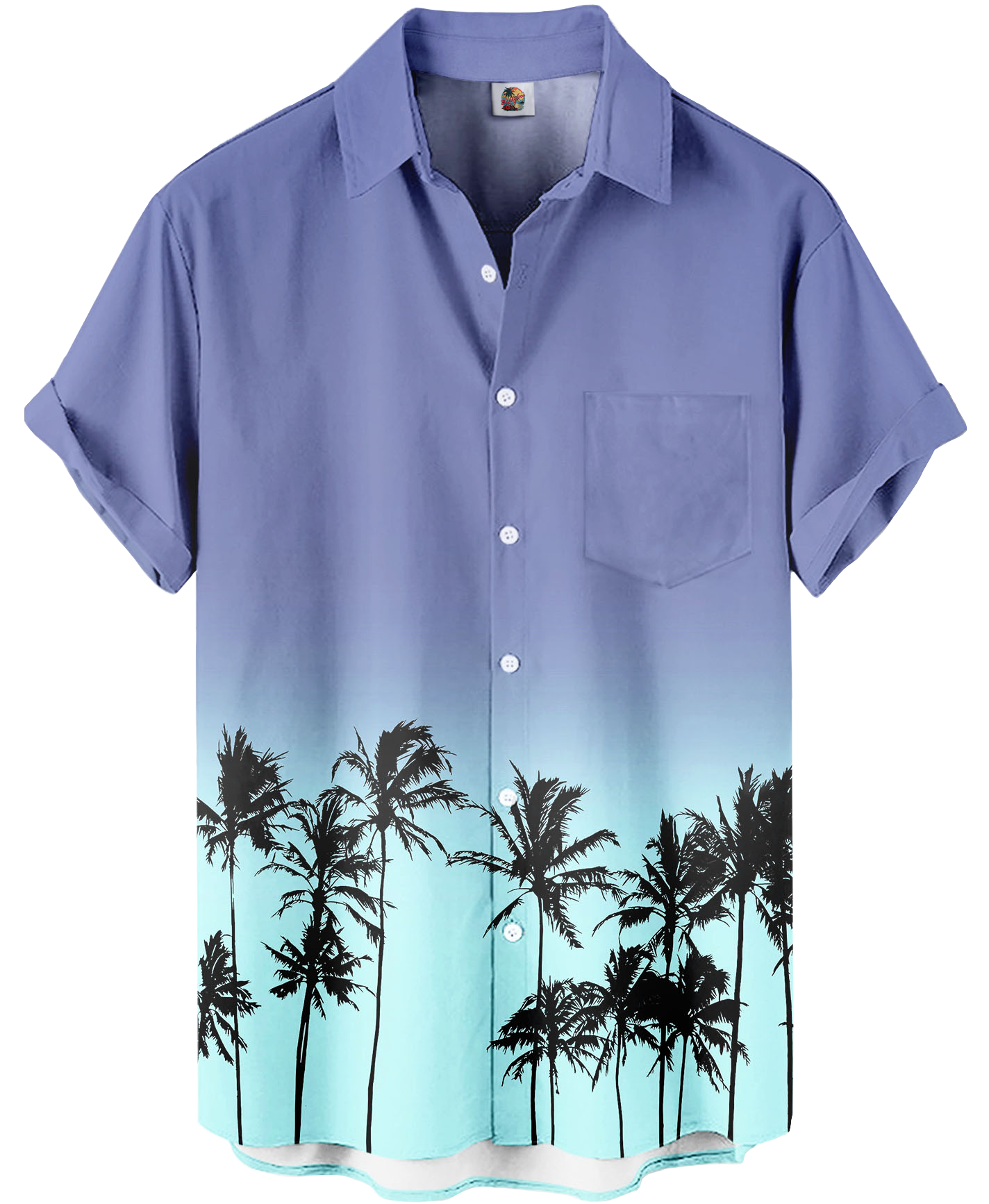 Men's Hawaiian Aloha Shirt, Short Sleeve Button Down, Palm Tree Print, Blue Ombre, Casual Beach Wear
