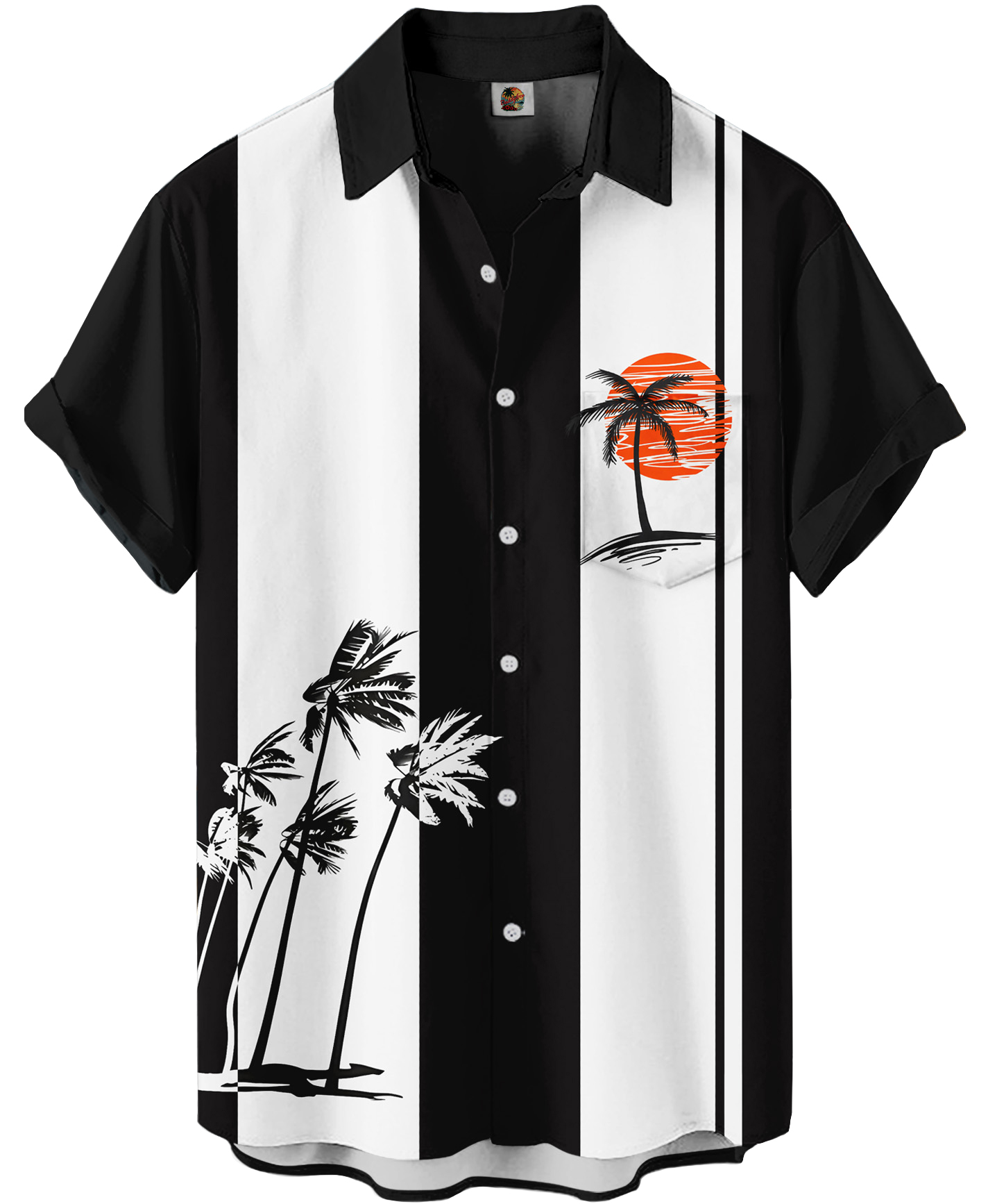 Men's Hawaiian Beach Button Down Shirt, Palm Tree Print, Black and White with Orange Sunset, Short Sleeve
