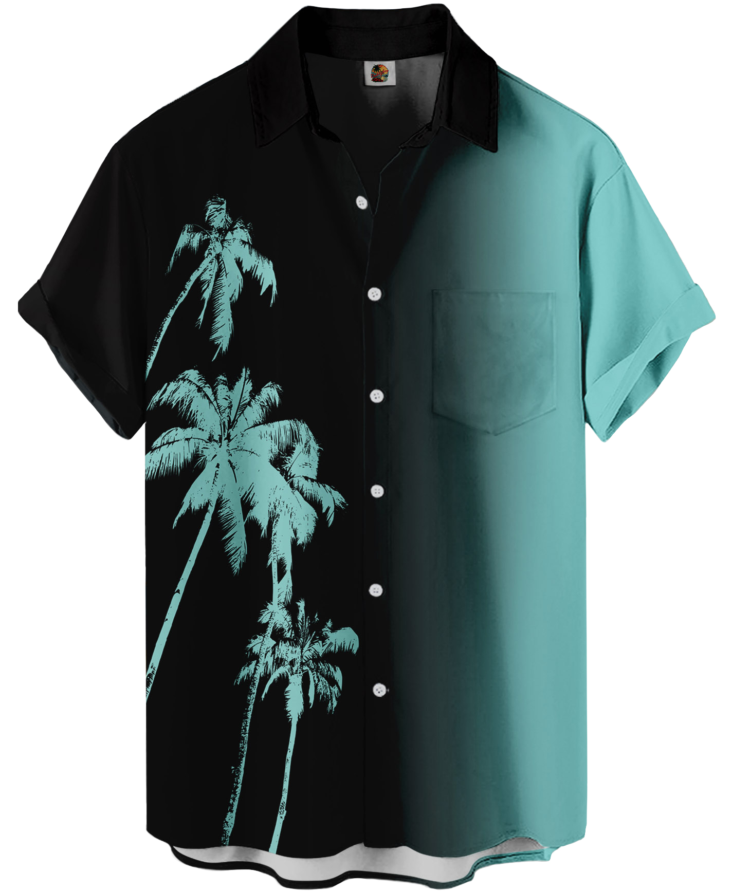 Men's Hawaiian Shirt, Short Sleeve Button Down, Palm Tree Print, Black and Turquoise Gradient