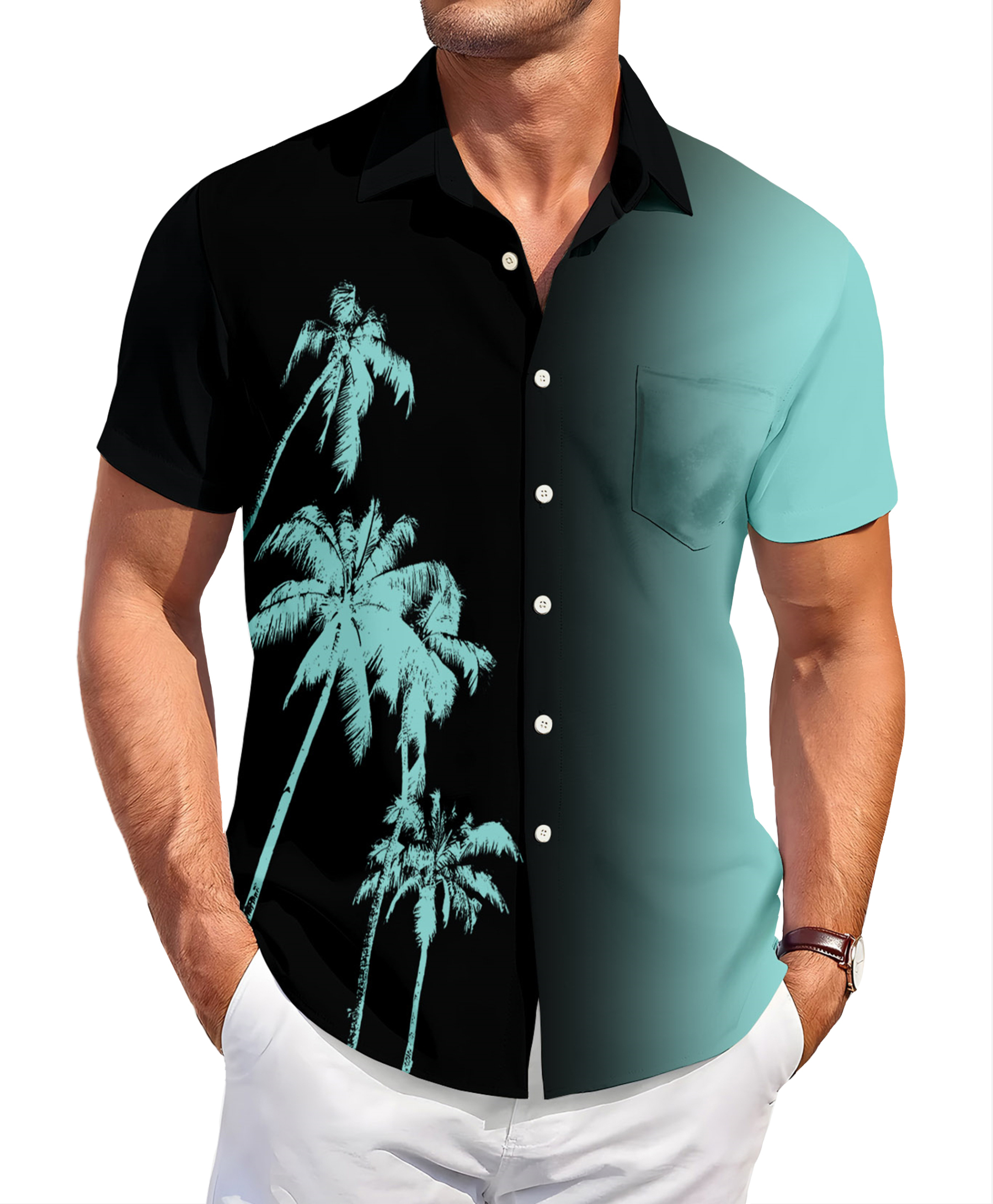 Men's Hawaiian Shirt, Short Sleeve Button Down, Palm Tree Print, Black and Turquoise Gradient