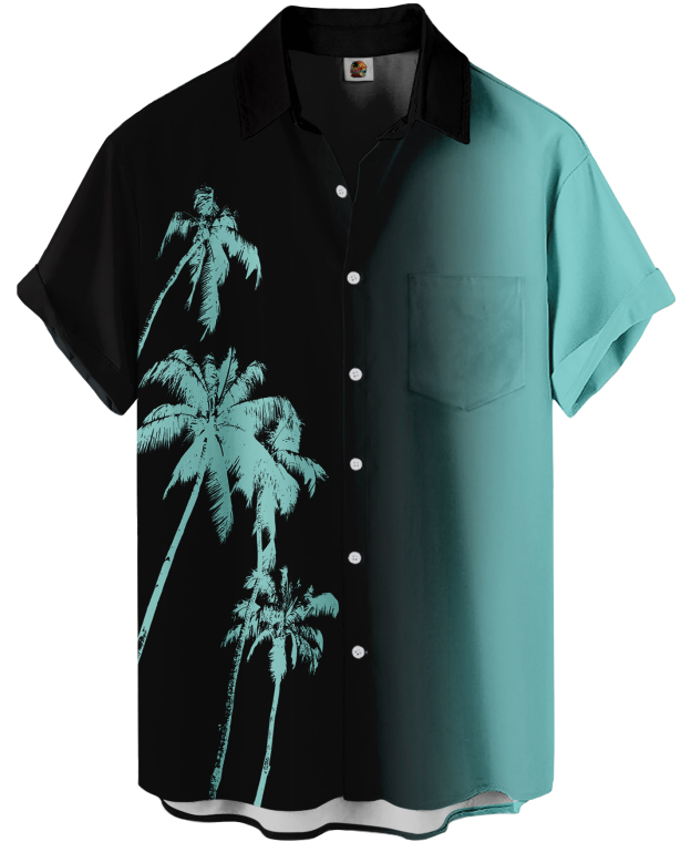 Men's Hawaiian Shirt, Short Sleeve Button Down, Palm Tree Print, Black and Turquoise Gradient