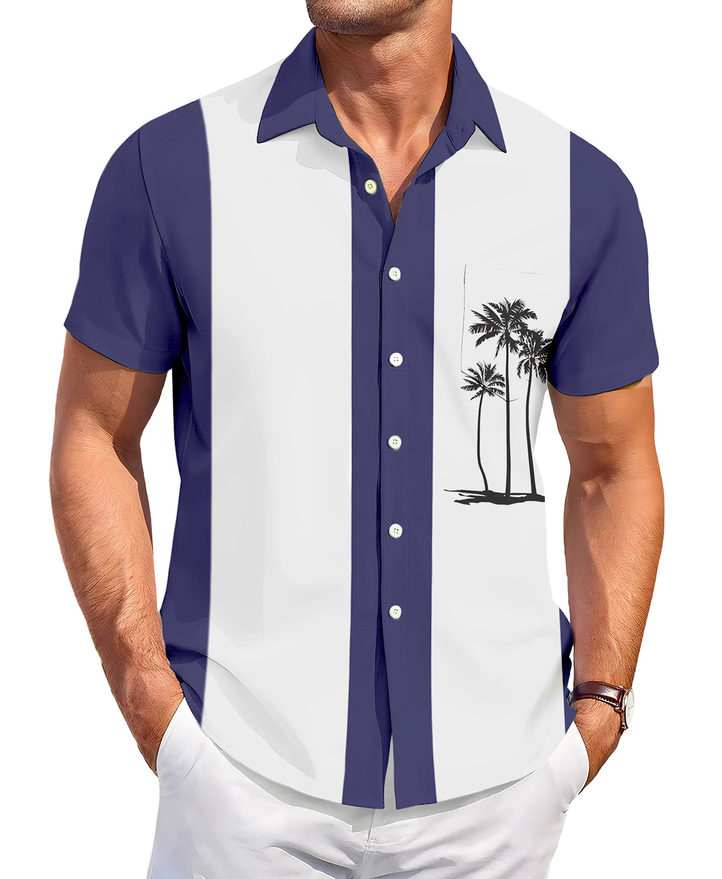 Men's Hawaiian Style Short Sleeve Button Down Shirt, Navy Blue and White Striped with Palm Tree Print