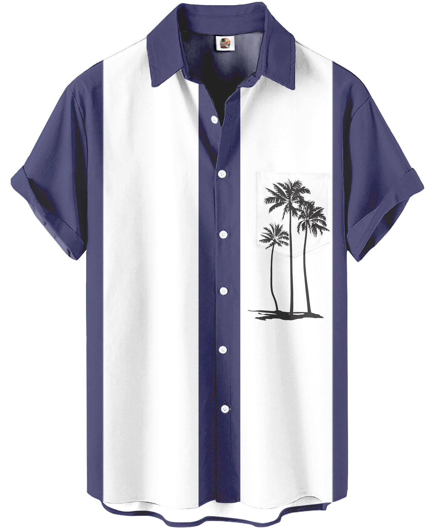 Men's Hawaiian Style Short Sleeve Button Down Shirt, Navy Blue and White Striped with Palm Tree Print