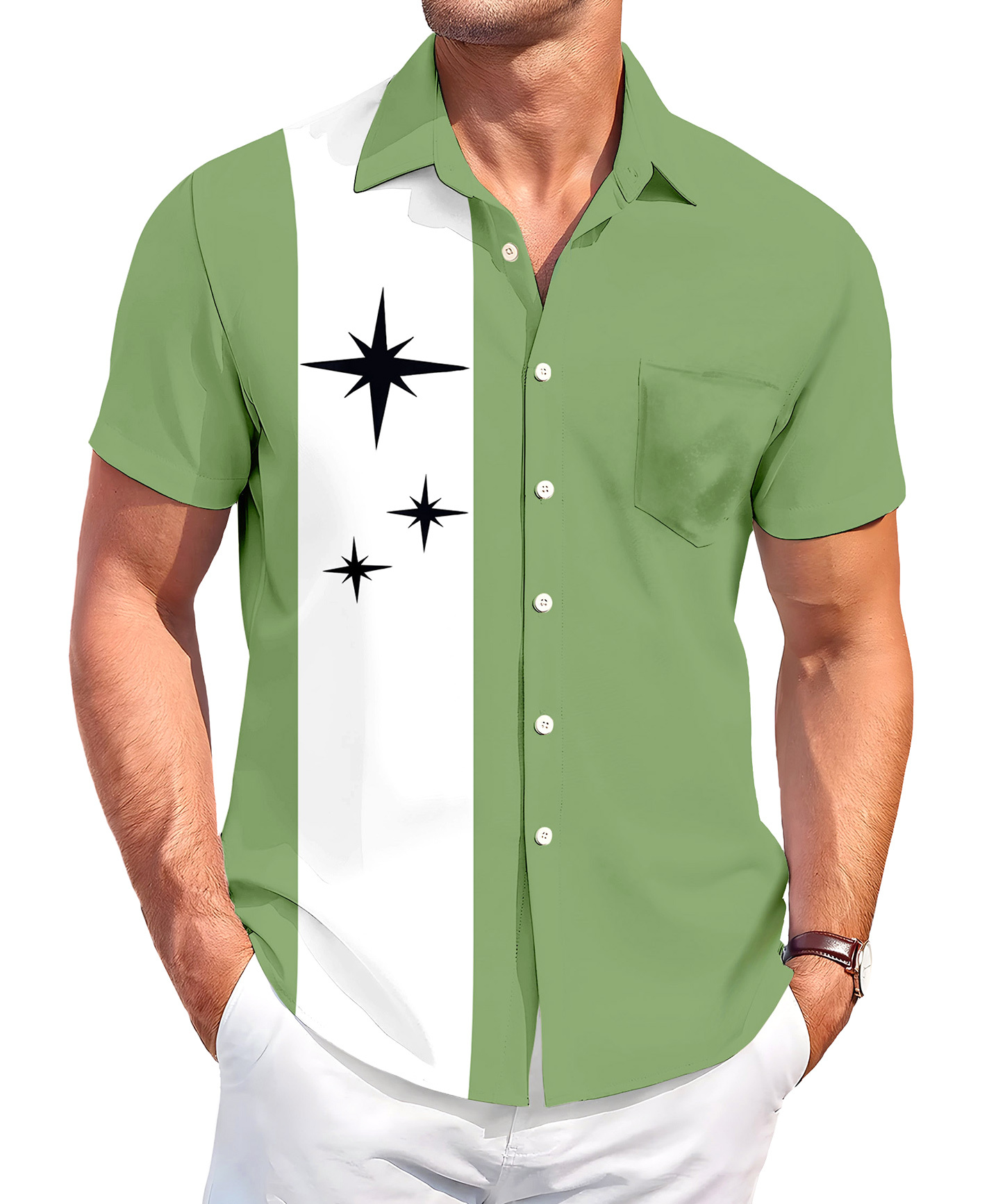 Men's Short Sleeve Button Down Shirt, Green with White Star Panel, Casual Retro Style