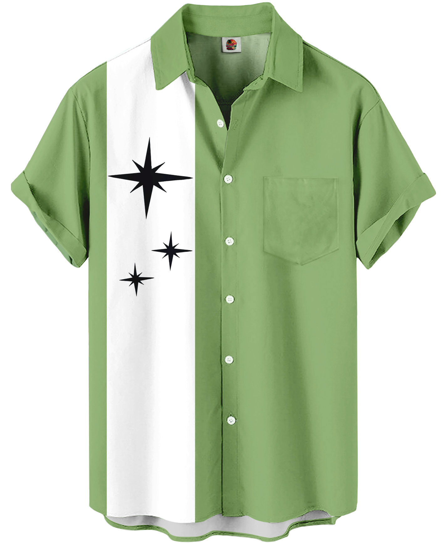 Men's Short Sleeve Button Down Shirt, Green with White Star Panel, Casual Retro Style