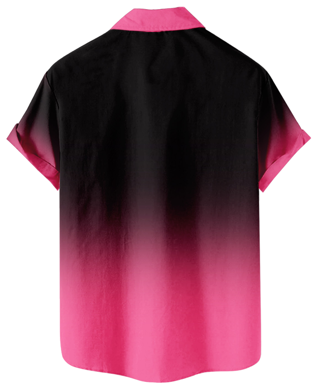 Men's Short Sleeve Button Down Shirt, Black and Pink Ombre with Flamingo Print, Casual Hawaiian Style