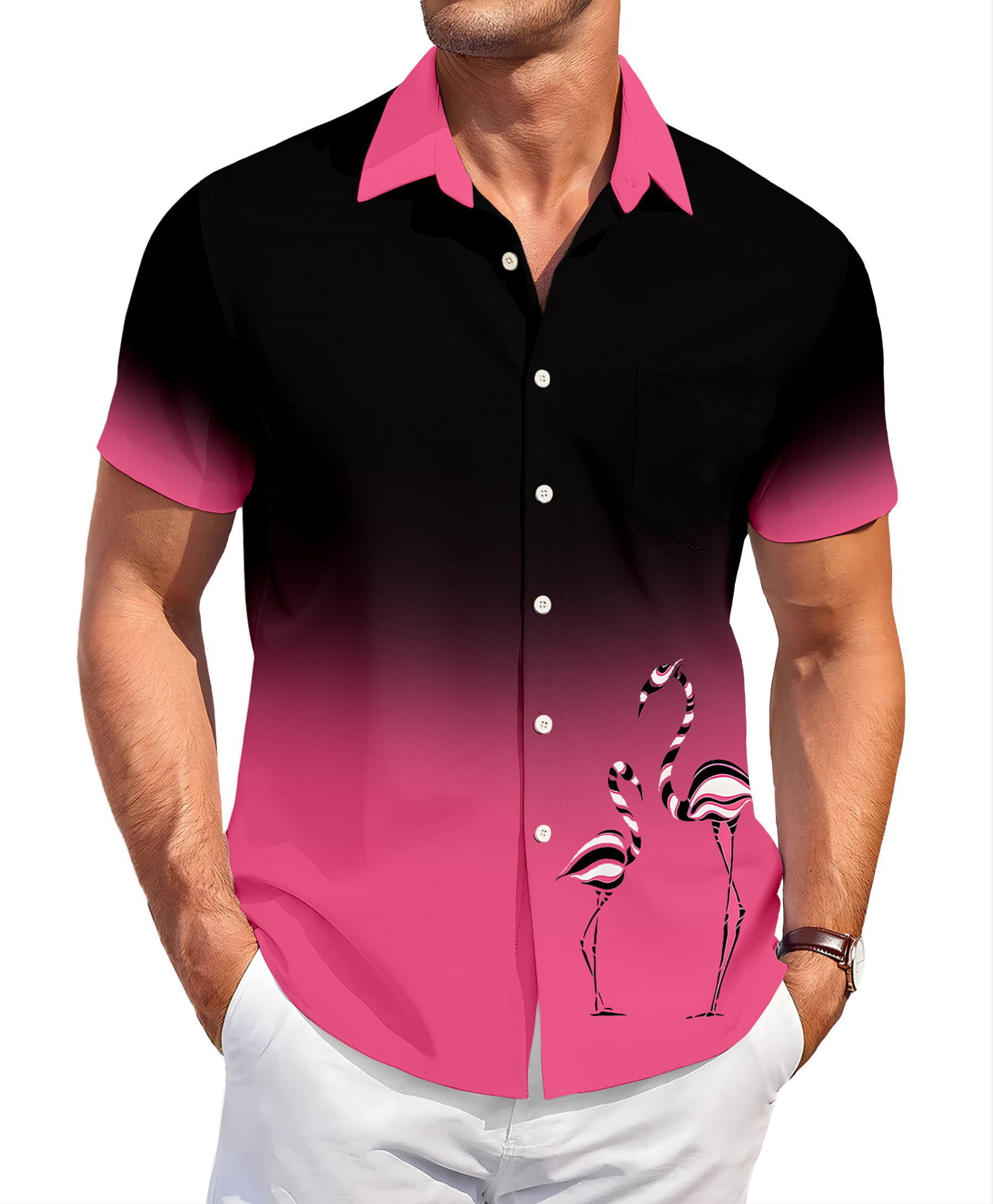 Men's Short Sleeve Button Down Shirt, Black and Pink Ombre with Flamingo Print, Casual Hawaiian Style