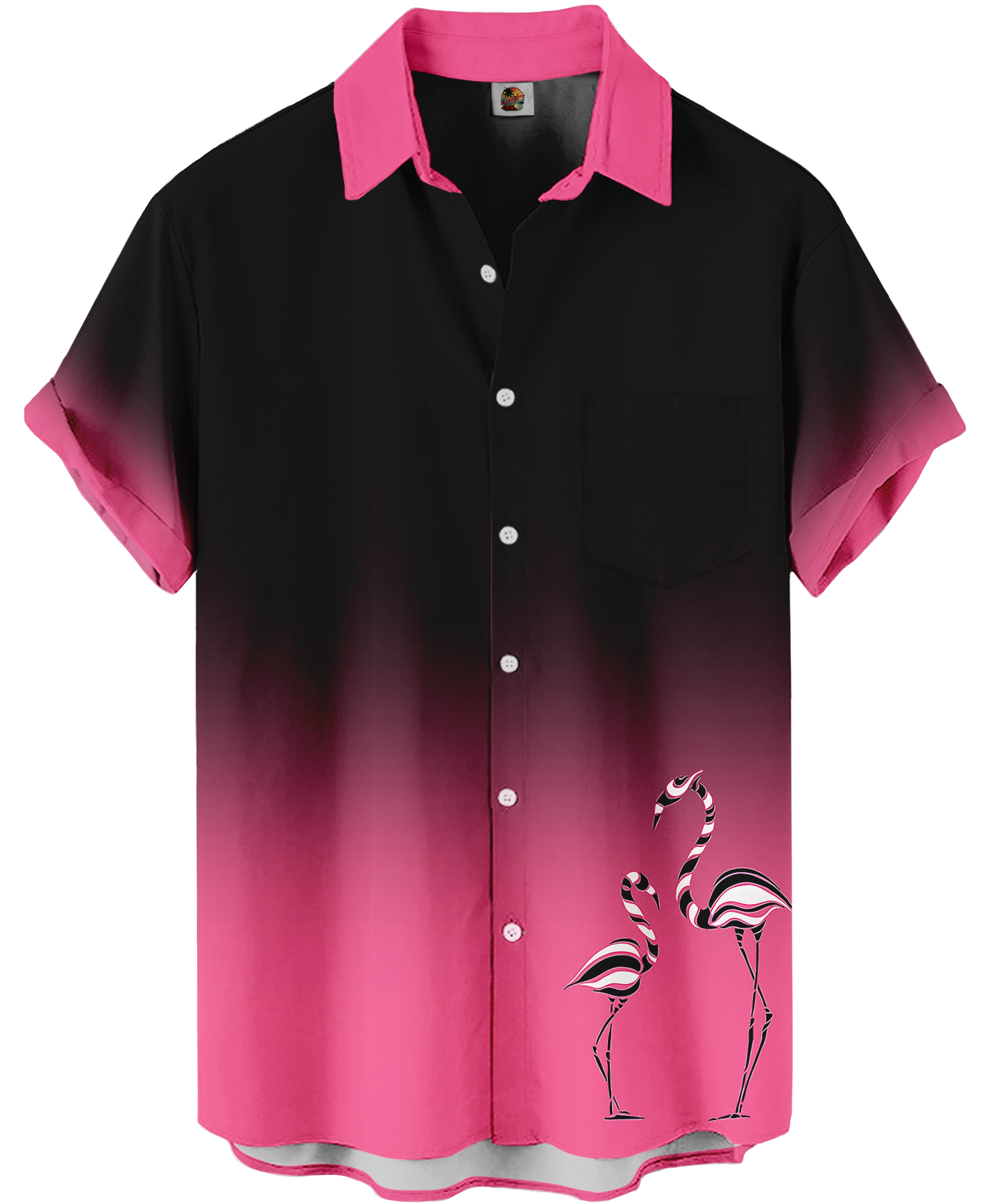 Men's Short Sleeve Button Down Shirt, Black and Pink Ombre with Flamingo Print, Casual Hawaiian Style