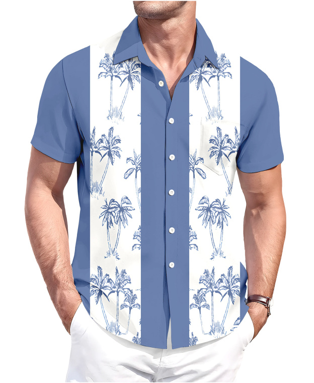 Men's Hawaiian Palm Tree Print Button Down Shirt, Short Sleeve, Blue and White
