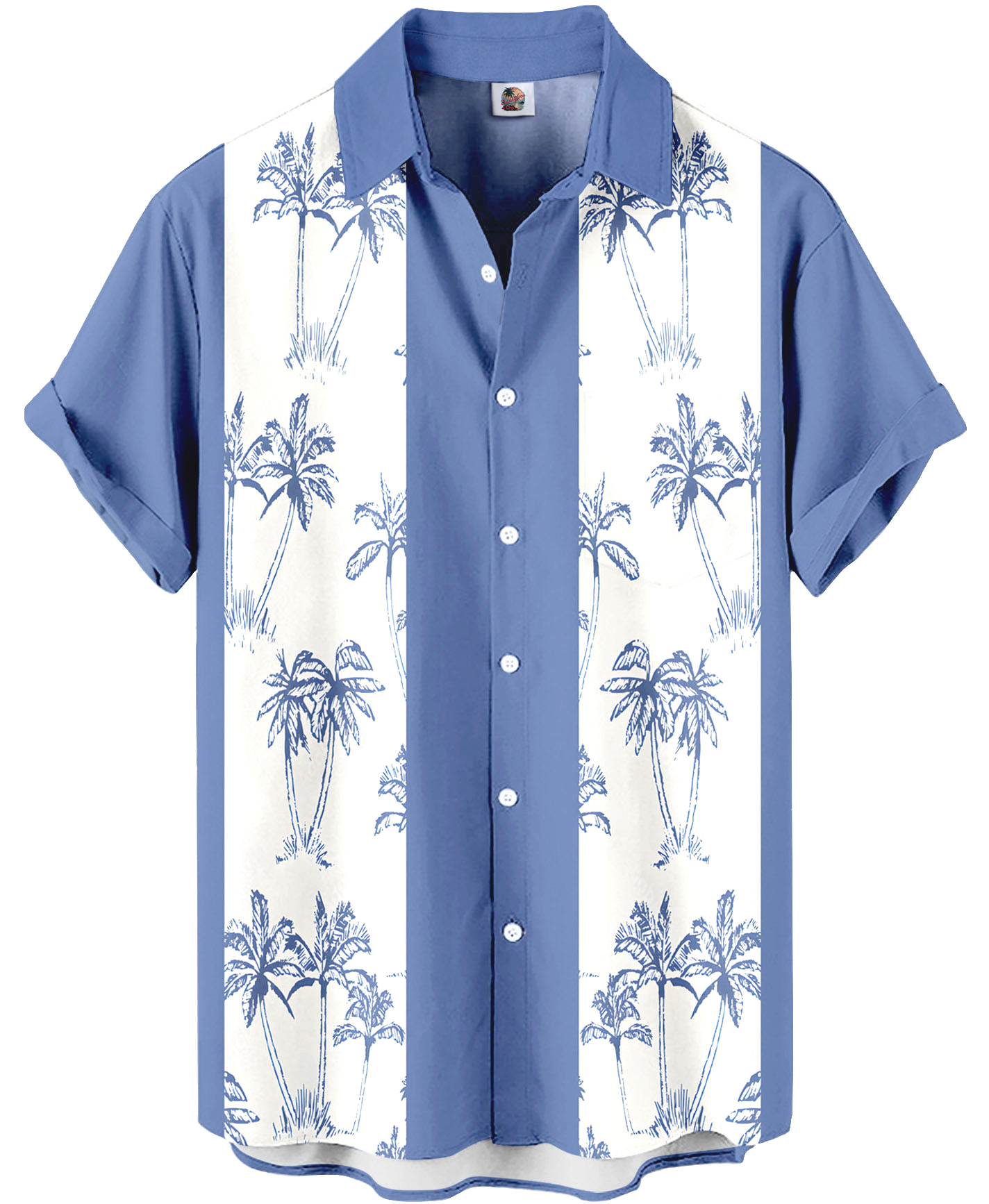 Men's Hawaiian Palm Tree Print Button Down Shirt, Short Sleeve, Blue and White