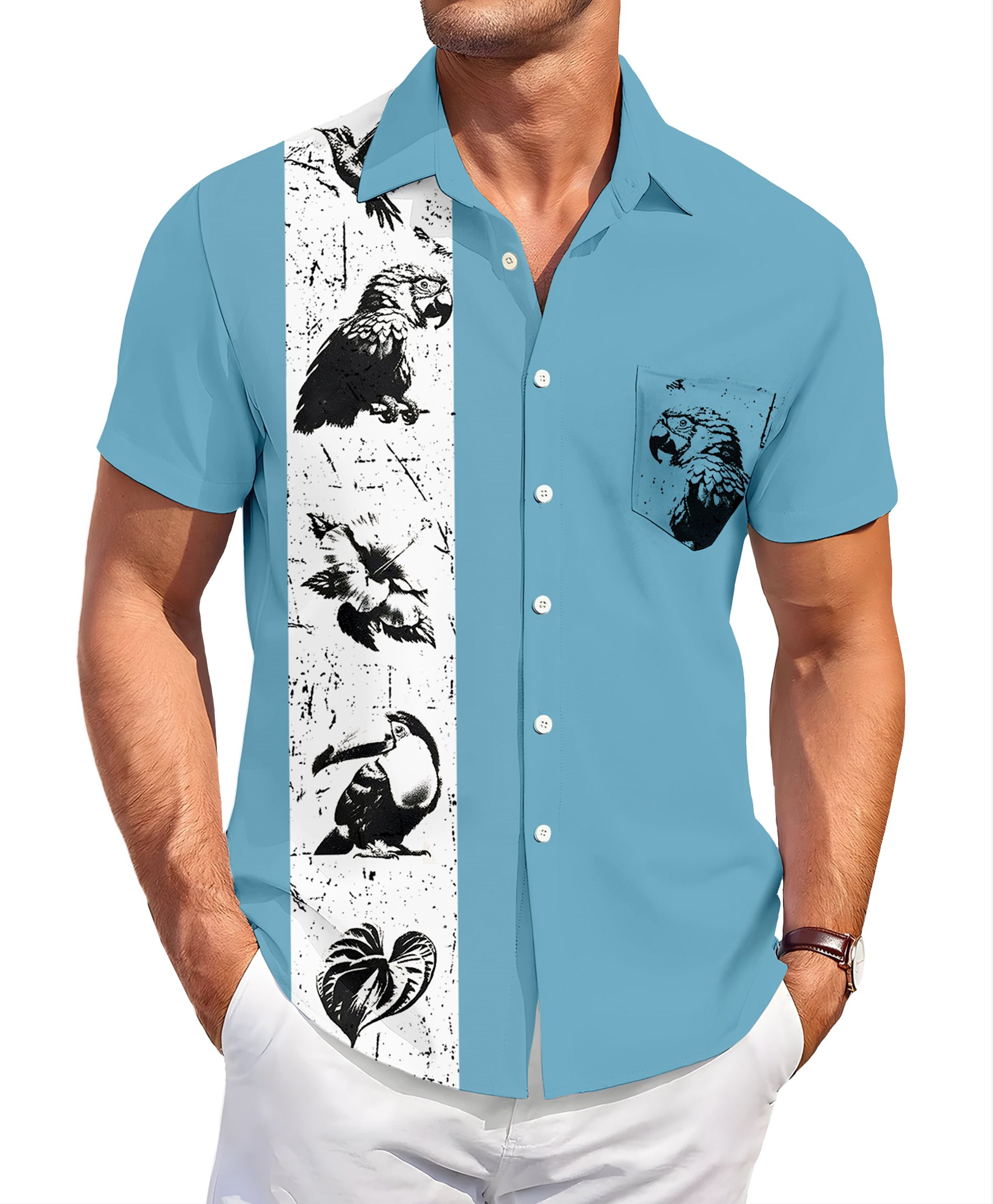 Men's Tropical Parrot Print Hawaiian Shirt, Short Sleeve Button Down, Light Blue and White