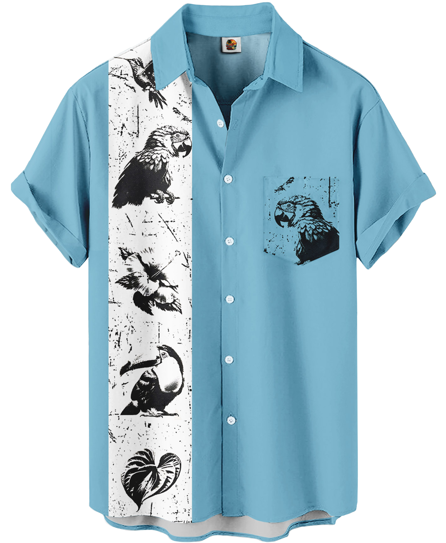 Men's Tropical Parrot Print Hawaiian Shirt, Short Sleeve Button Down, Light Blue and White