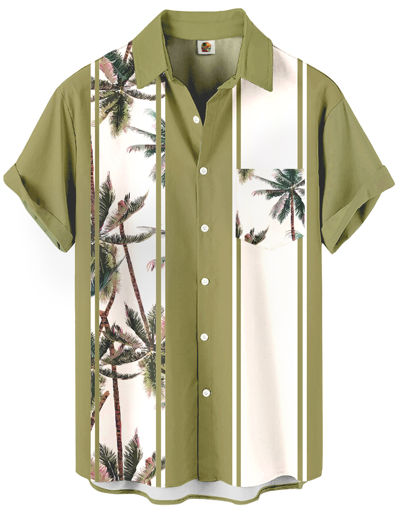Men's Hawaiian Palm Tree Print Button Down Shirt, Short Sleeve, Olive Green, Casual Beach Style