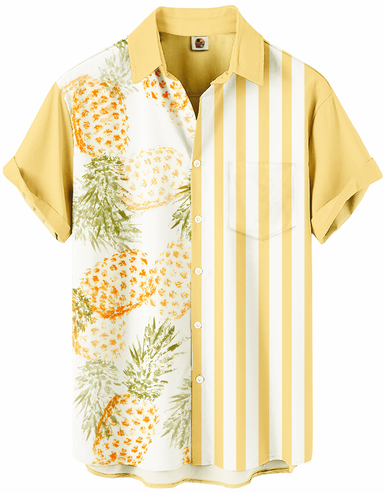 Men's Short Sleeve Button Down Shirt, Pineapple and Stripe Print, Yellow and White