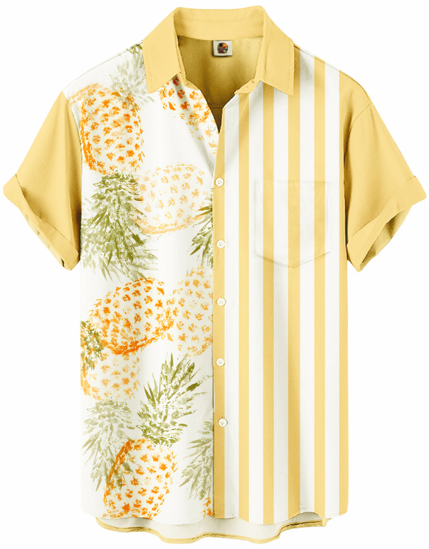 Men's Short Sleeve Button Down Shirt, Pineapple and Stripe Print, Yellow and White