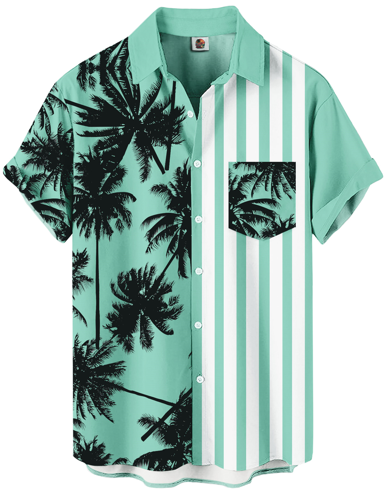 Men's Hawaiian Shirt, Palm Tree Print, Striped Design, Short Sleeve Button Down, Mint Green