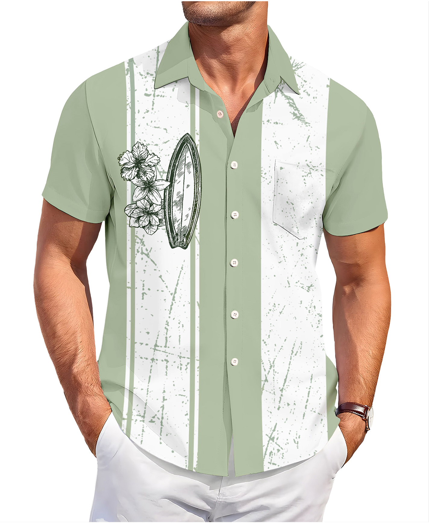Men's Hawaiian Surfboard Button Down Shirt, Short Sleeve, Sage Green with Floral Print