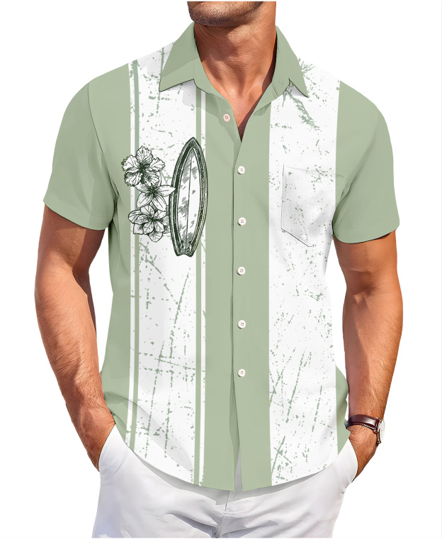 Men's Hawaiian Surfboard Button Down Shirt, Short Sleeve, Sage Green with Floral Print
