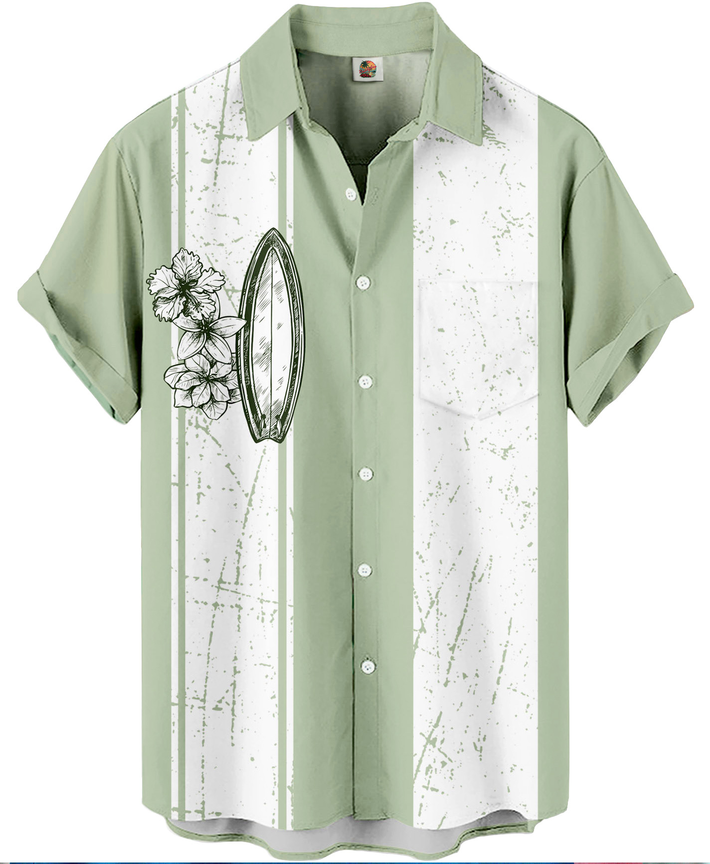 Men's Hawaiian Surfboard Button Down Shirt, Short Sleeve, Sage Green with Floral Print