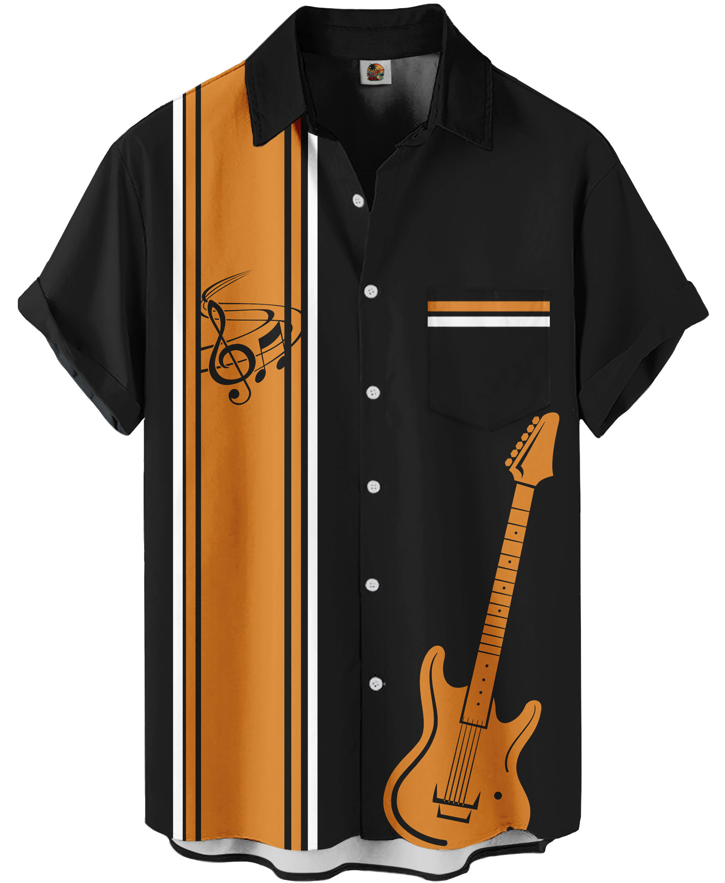 Men's Music Guitar Print Button Down Shirt, Short Sleeve, Black and Orange Striped, Casual Hawaiian Style