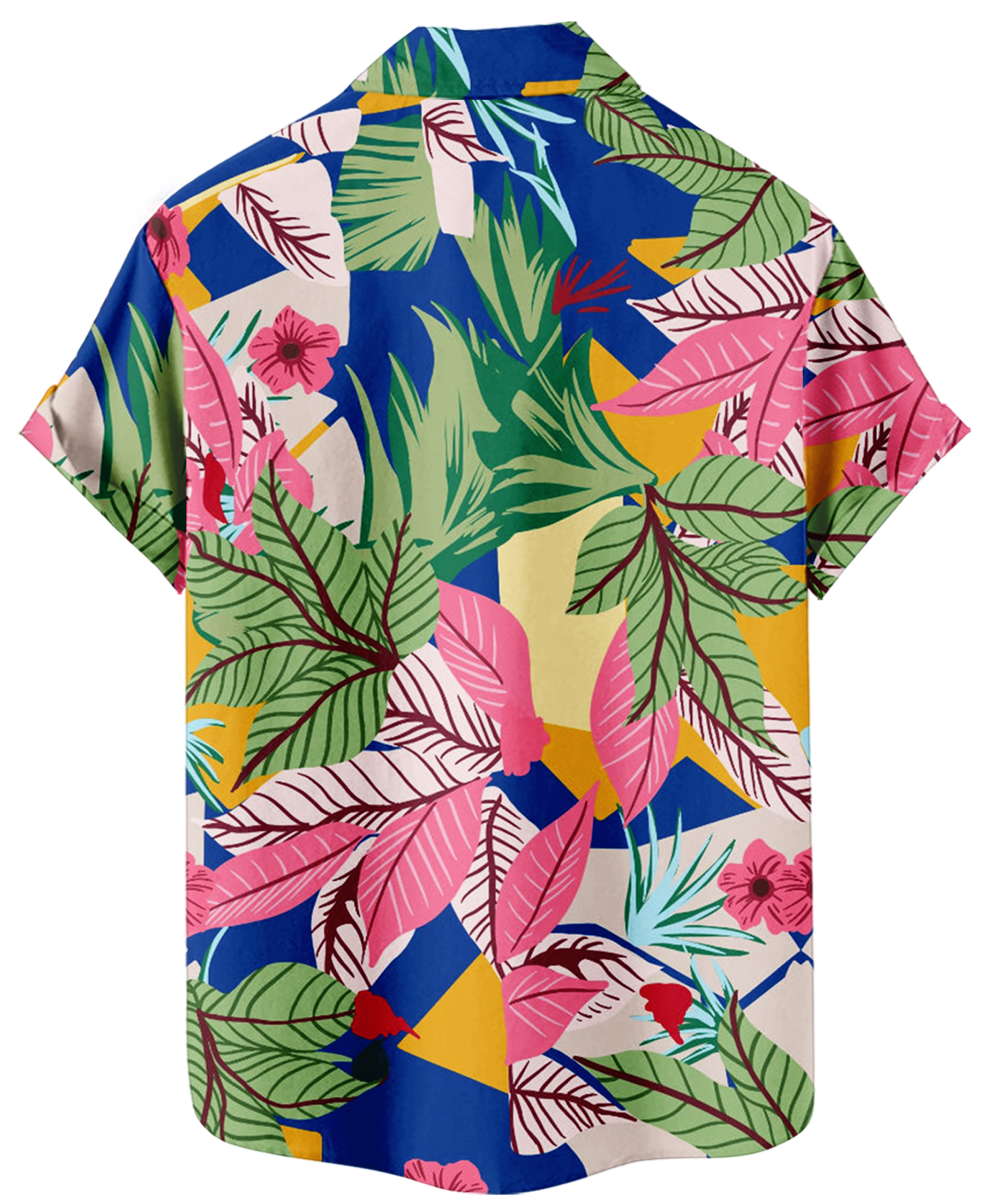 Men's Hawaiian Floral Print Button Down Shirt, Short Sleeve, Tropical Leaf Pattern, Blue and Pink