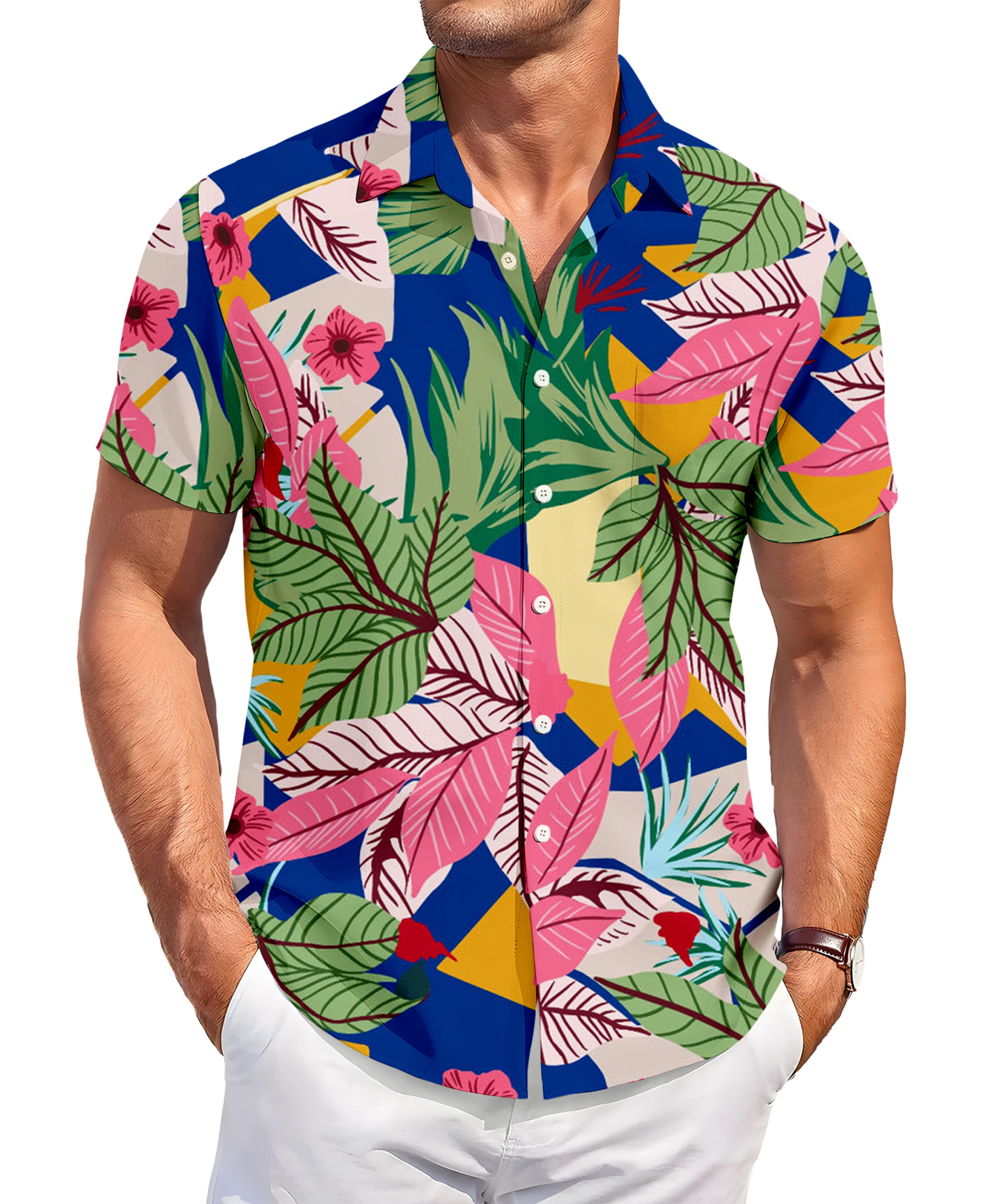 Men's Hawaiian Floral Print Button Down Shirt, Short Sleeve, Tropical Leaf Pattern, Blue and Pink