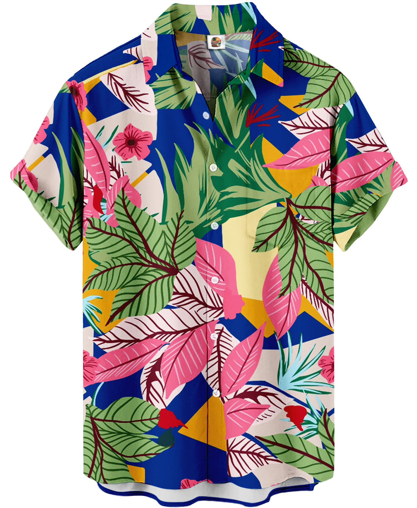 Men's Hawaiian Floral Print Button Down Shirt, Short Sleeve, Tropical Leaf Pattern, Blue and Pink