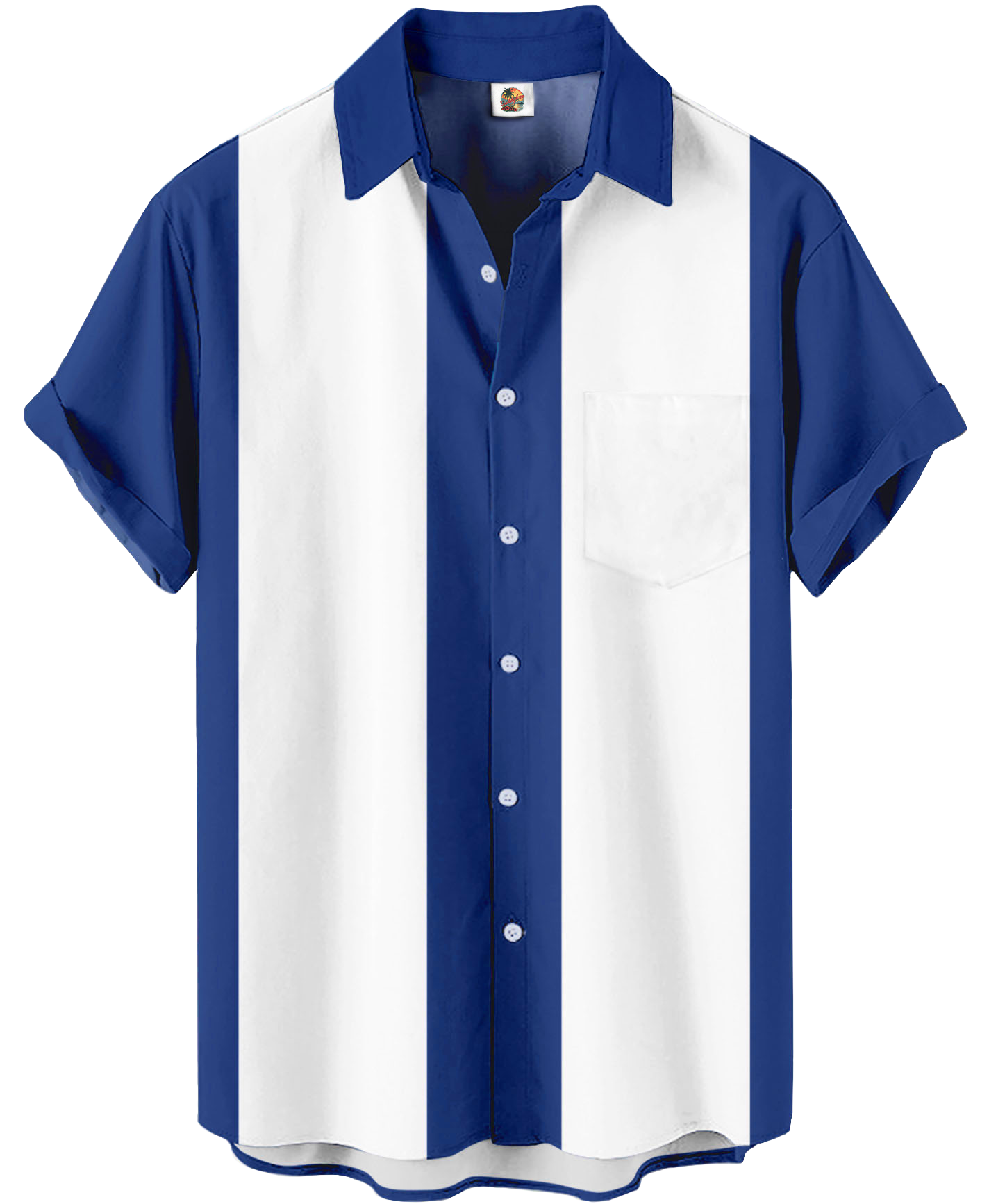 Men's Short Sleeve Button Down Shirt, Color Block Design, Blue and White