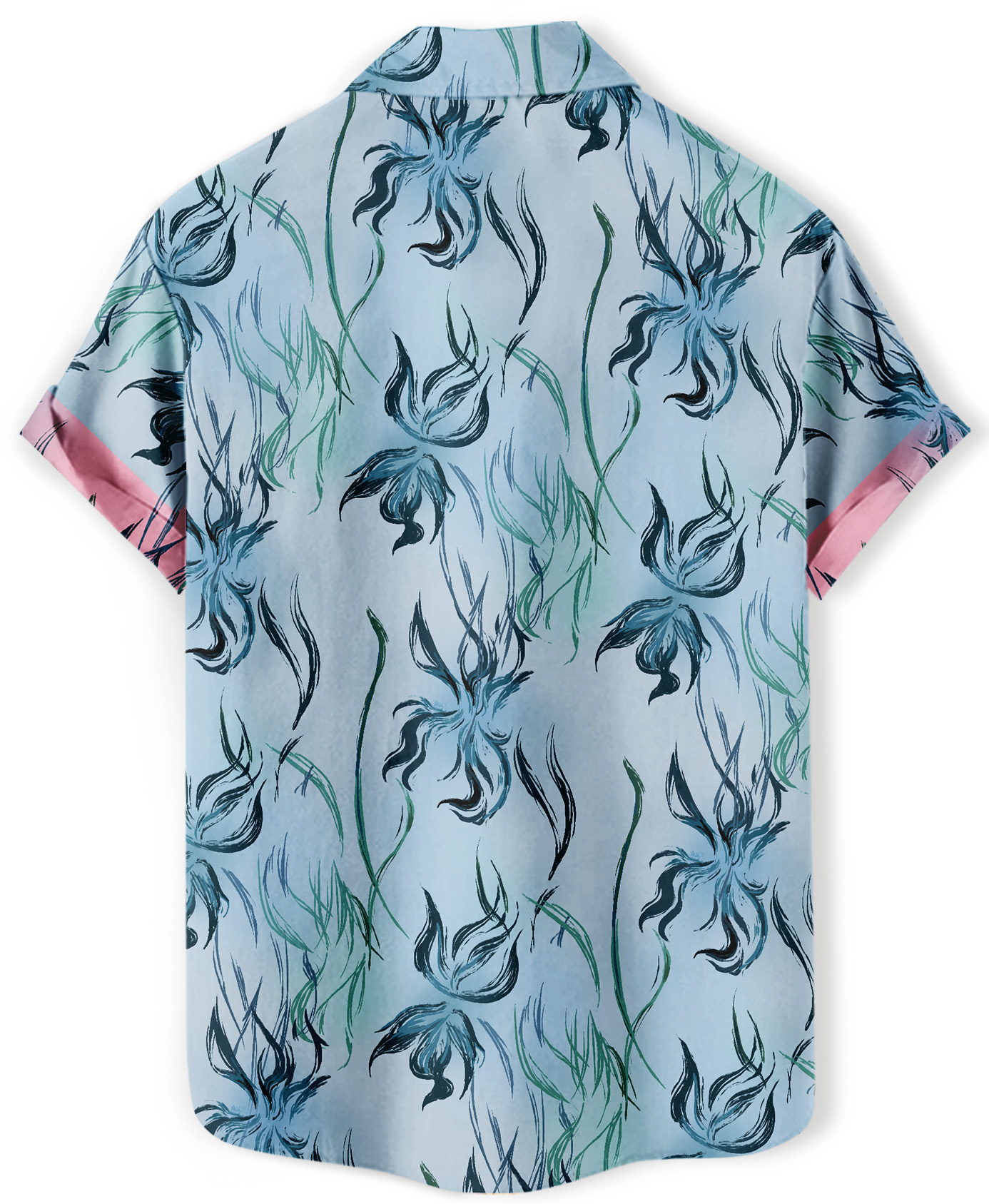 Men's Floral Print Short Sleeve Button Down Shirt, Blue and Pink Hawaiian Pattern, Casual Summer Wear