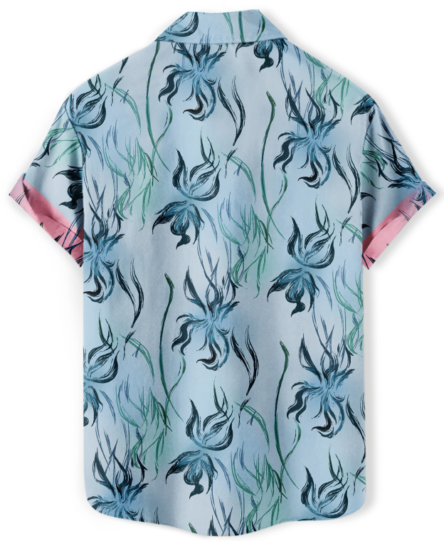 Men's Floral Print Short Sleeve Button Down Shirt, Blue and Pink Hawaiian Pattern, Casual Summer Wear