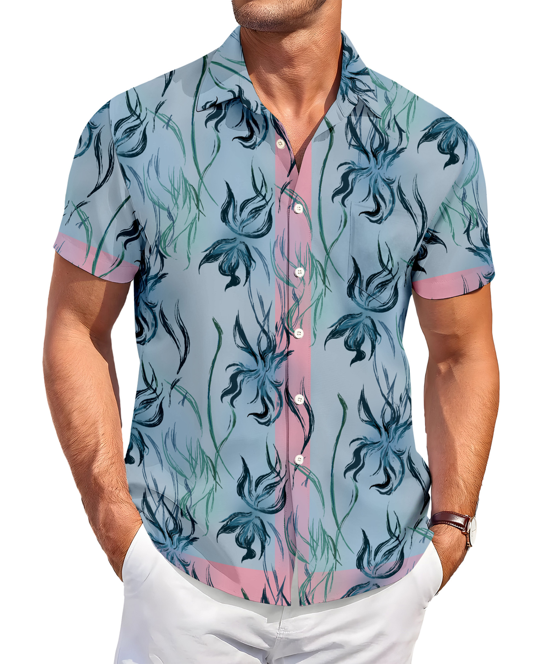 Men's Floral Print Short Sleeve Button Down Shirt, Blue and Pink Hawaiian Pattern, Casual Summer Wear