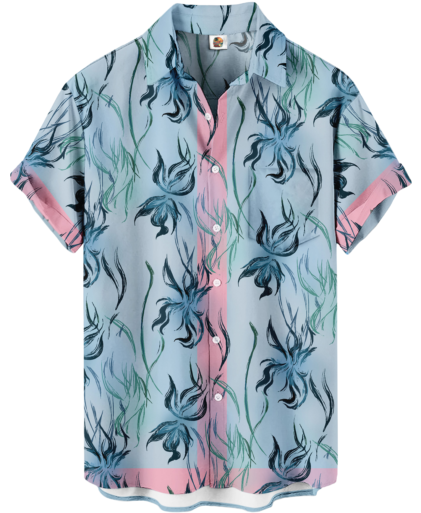 Men's Floral Print Short Sleeve Button Down Shirt, Blue and Pink Hawaiian Pattern, Casual Summer Wear