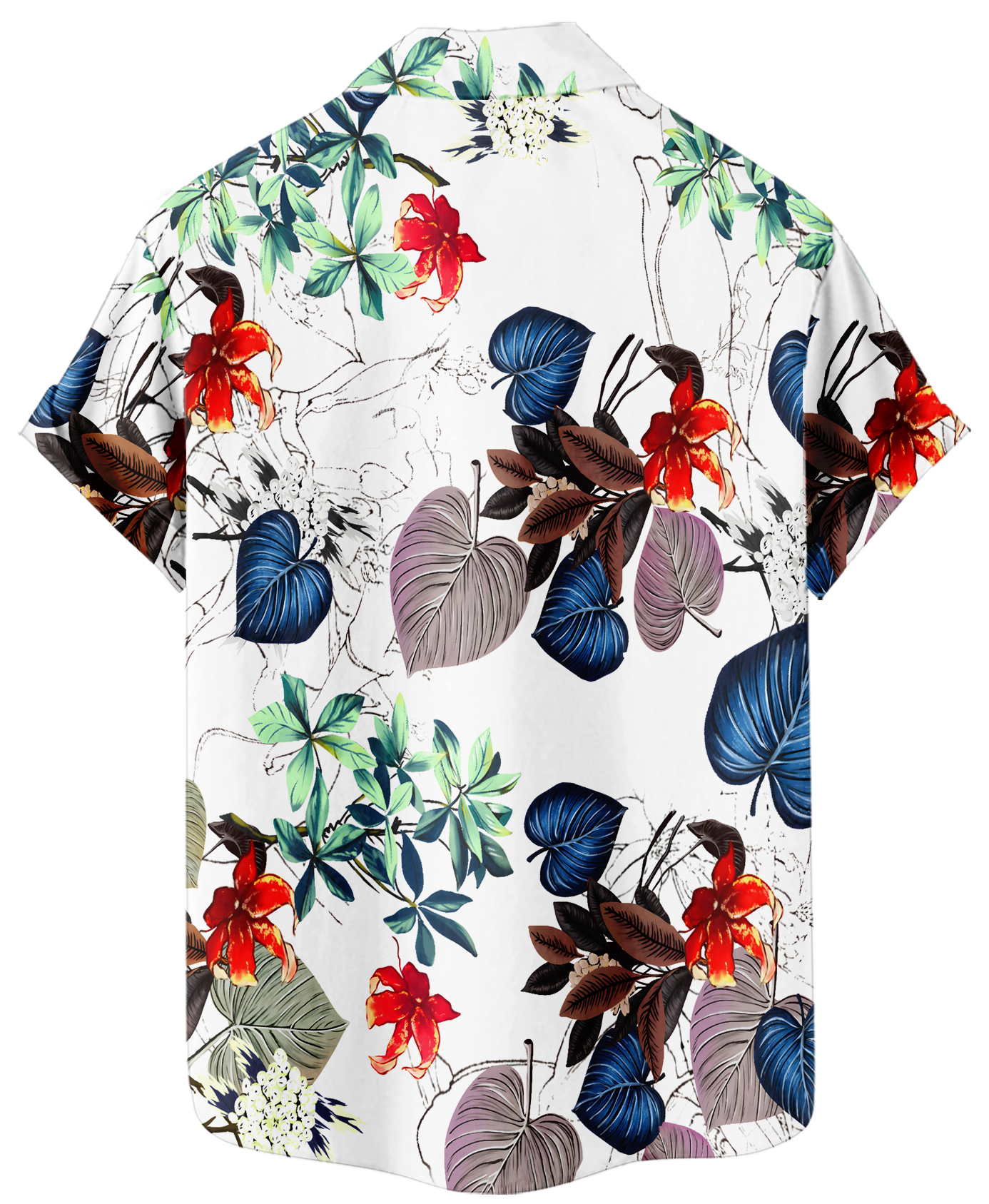Men's Hawaiian Floral Print Short Sleeve Button Down Shirt, Tropical Leaves Pattern, White