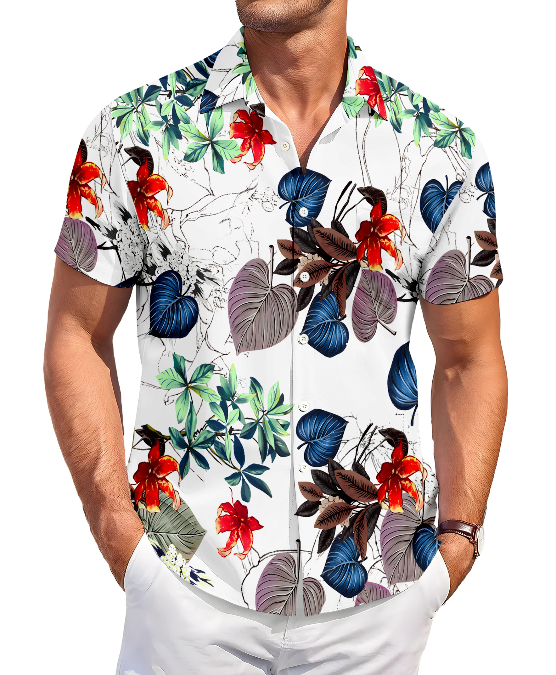 Men's Hawaiian Floral Print Short Sleeve Button Down Shirt, Tropical Leaves Pattern, White