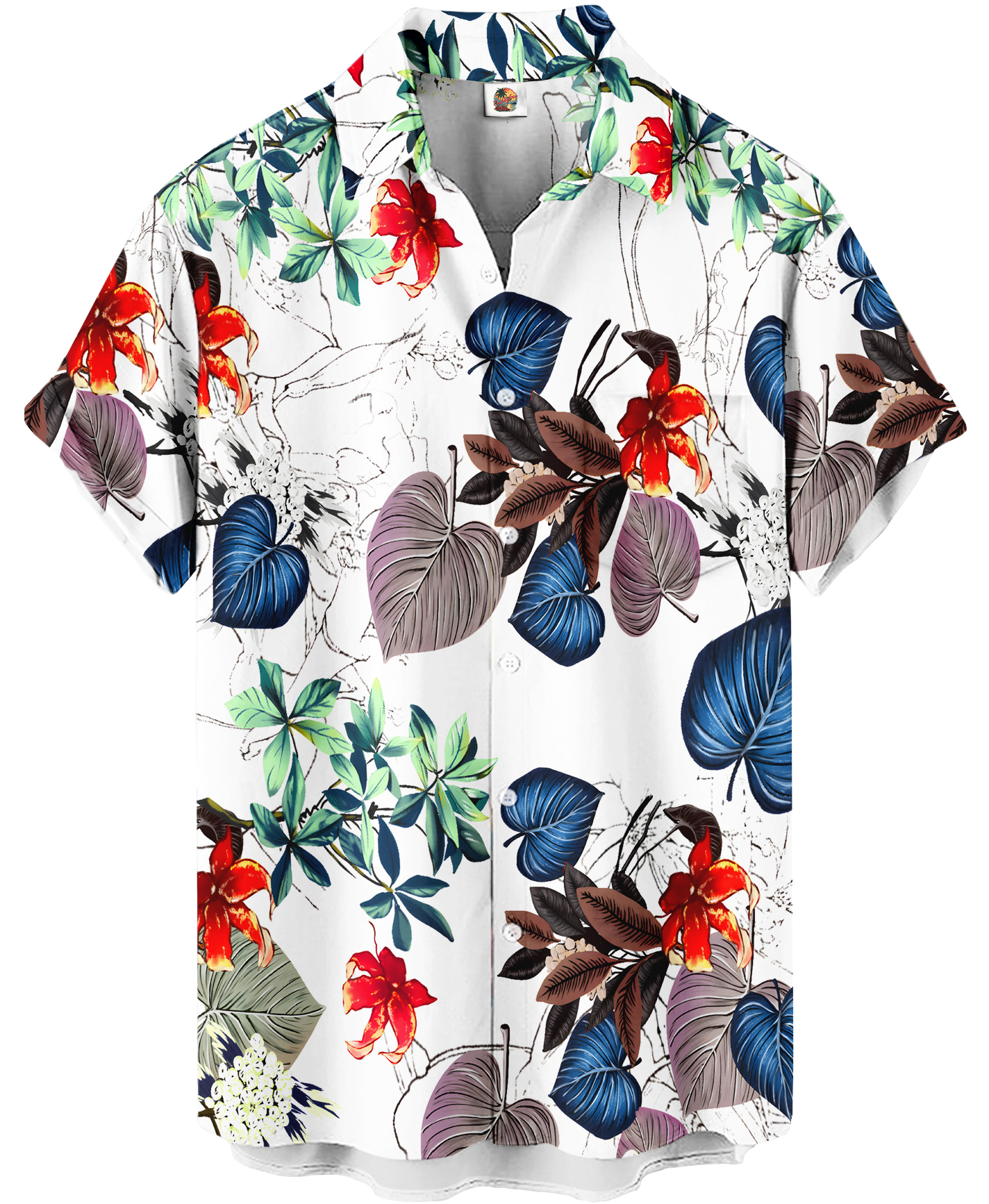 Men's Hawaiian Floral Print Short Sleeve Button Down Shirt, Tropical Leaves Pattern, White